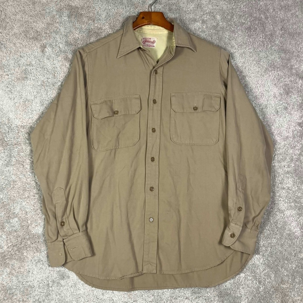VTG 50s Creighton Military Style Khaki Button Down Shirt Rayon Nylon Tan Mens